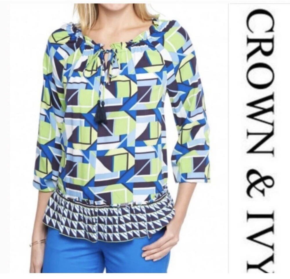 Crown &Ivy Small Long Sleeve Neon Blue Green White Flounce Peplum Top